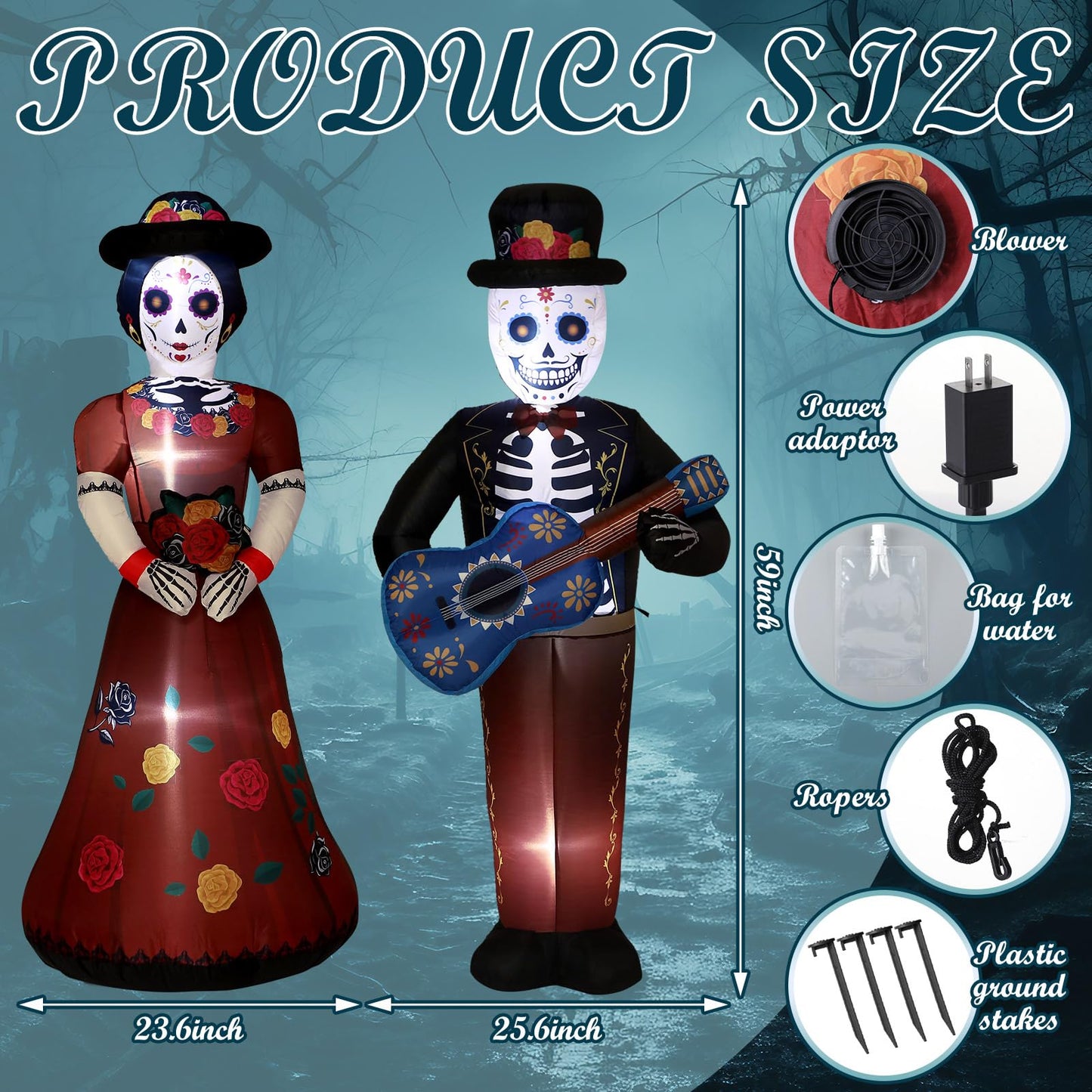 Fourluoo 2 Pcs 4.9 ft Dia De Los Muertos Inflatable Outdoor Decoration Day of The Dead Light up Blow up Sugar Skull Halloween Inflatable Couple Groom and Bride Yard Decoration for Garden Lawn Decor