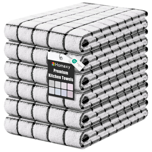 Homaxy Premium Kitchen Towels(16”x 28”, 6 Pack), Large Ring Spun Cotton Dish Towels, Super Absorbent Soft Terry Kitchen Hand Towels, Check Design Tea Towel Set with Hanging Loop, Black