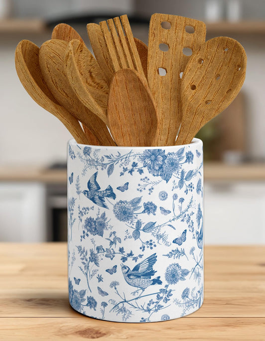 Whaline Chinoiserie Floral Ceramic Utensil Holder Vintage Blue Flower Bird Utensil Crock Kitchen Storage Organizer Home Storage Container for Spatulas Spoons Ladle Eggbeater Kitchen Counter Decor