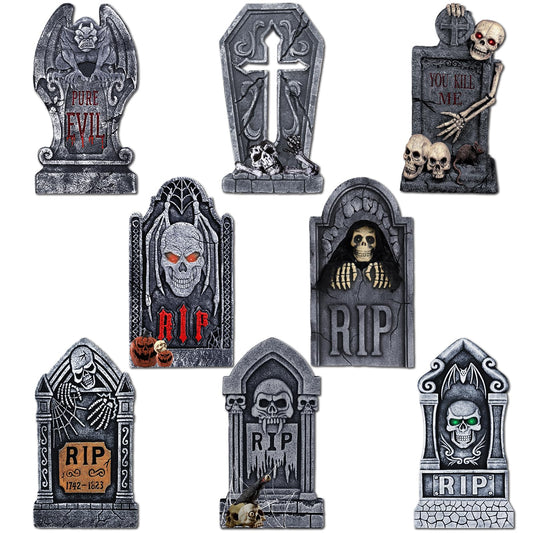 Roberly 8 Pcs Halloween Tombstones Outdoor, 16.5" Graveyard Yard Decorations for Halloween Gravestones Signs with Stakes Scary Cemetery RIP Skeleton Headstones Yard Lawn Garden Decor
