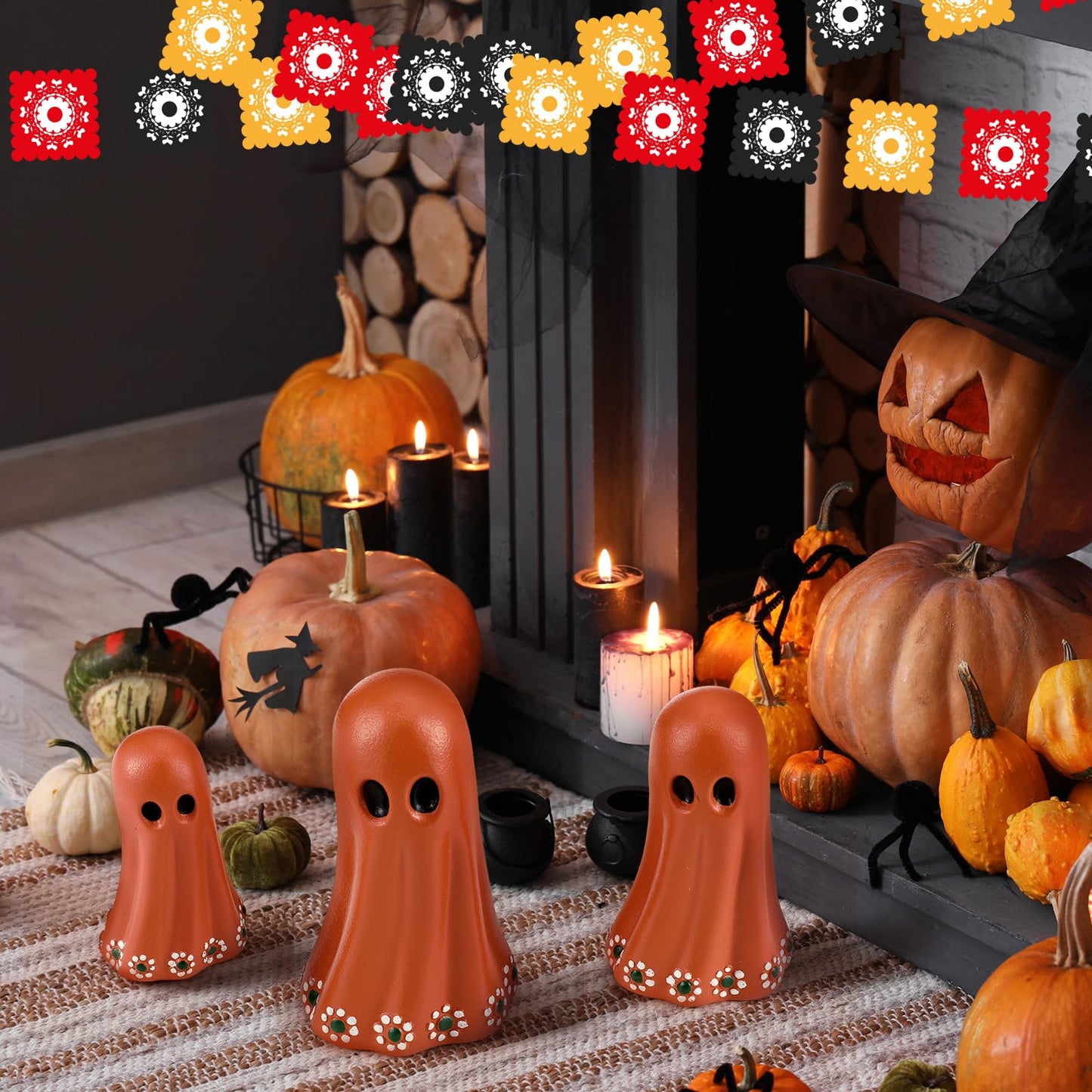 Geelin 3 Pcs Halloween Mexican Ghost Figurines Resin Halloween Muertos Terracotta Ghost Tabletop Decor Terracotta Floral Centerpiece for Mexican Xmas Home Decoration Indoor