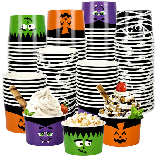 AnyDesign Halloween Treat Cups 100 Pcs 6.5 oz Disposable Paper Bowls in 4 Styles Pumpkin Mummy Vampire Monster Funny Character Soup Cups for Hot Cold Drinks Party Supplies