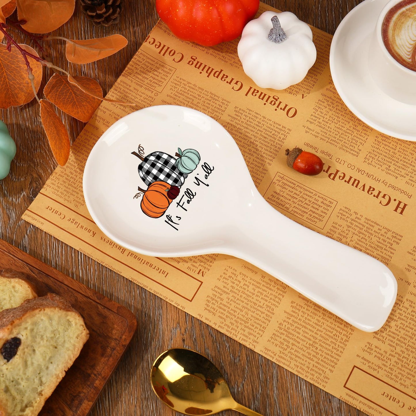 Whaline 9.4 Inch Fall Spoon Rest Orange Green Plaid Pumpkin Ceramic Utensil Rest Fall Y'all Cooking Spoon Holder for Autumn Thanksgiving Stove Top Kitchen Counter Decor