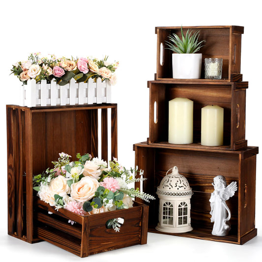 CroBlissful 5 Pack Wooden Crates for Display Rustic Nesting Wooden Crates Vintage Storage Farmhouse Decorative Box with Handles Handmade Container Bin for Wedding Birthday Party Display(Rustic Brown)