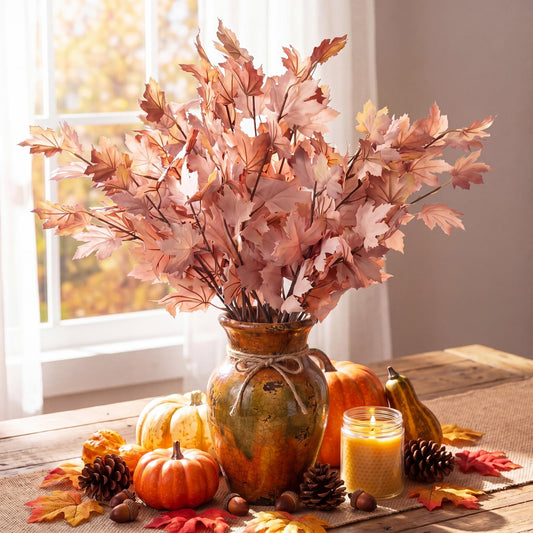 Suncalla 12 Pcs Fall Artificial Maple Leaves Stems, 37 Inch Neutral Fake Autumn Maple Foliage Branch for Thanksgiving Table Centerpiece, Boho Halloween Farmhouse Vase Filler(Dusty Blush Pink)