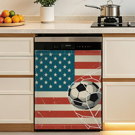 Dishwasher Magnet Cover American Soccer Flag Refrigerator Magnet Patriotic Sports Ball Decorative Dishwasher Panel for Kitchen Appliance Decor Reusable Waterproof 23x26 Inch