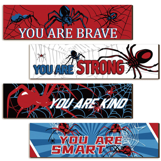 Geetery 4 Pcs Spider Room Decor 16'' x 5'' Boys Bedroom Wall Decor Wooden Inspirational Spider Hanging Sign Kids Large Motivational Wall Art for Little Boy Kid Teen Bedroom Nursery Home Birthday Gift