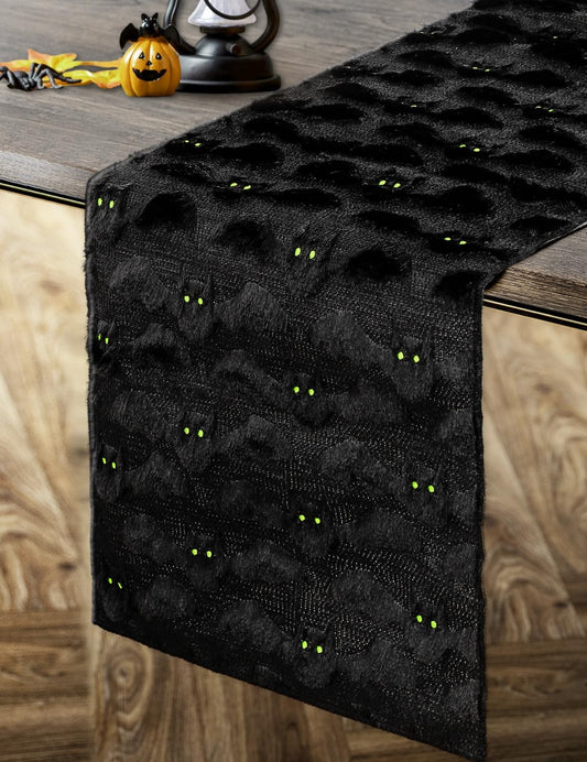 FYSUIMU Halloween Table Runner Soft Plush Faux Fur 3D Jacquard Black Bat Table Cover Spooky Bat Tabletop Decoration for Holiday Home Party Decor