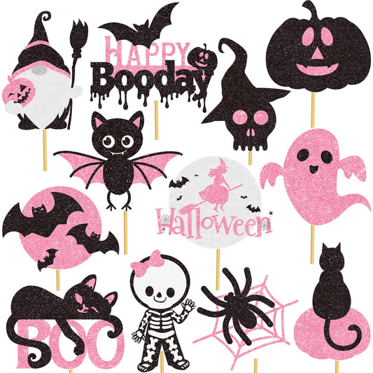 Halloween Happy Boo Day Party Decorations 24PCS Pink Black Pumpkin Ghost Centerpiece Sticks Happy Boo Day Table Toppers Halloween Birthday Party Supplies for Little Boo Baby Shower Decor