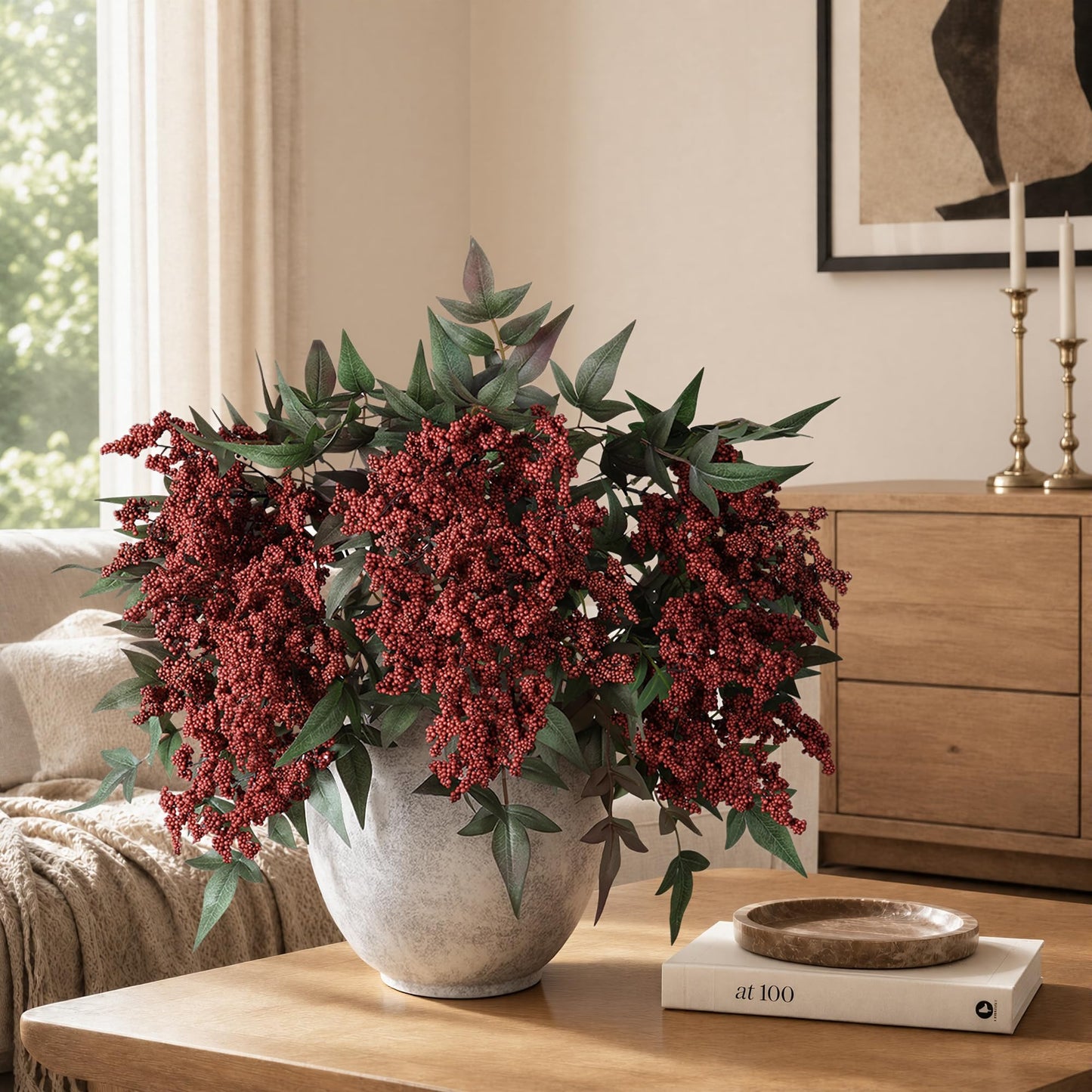 FancyPlus Artificial Flowers 35 Inch Artificial Nandina Berry Stem 3 Pcs Faux Flowers for Vase Realistic Sedum Spray for DIY Bouquet, Shower, Farmhouse, Mantel, Home Decor(Burgundy)