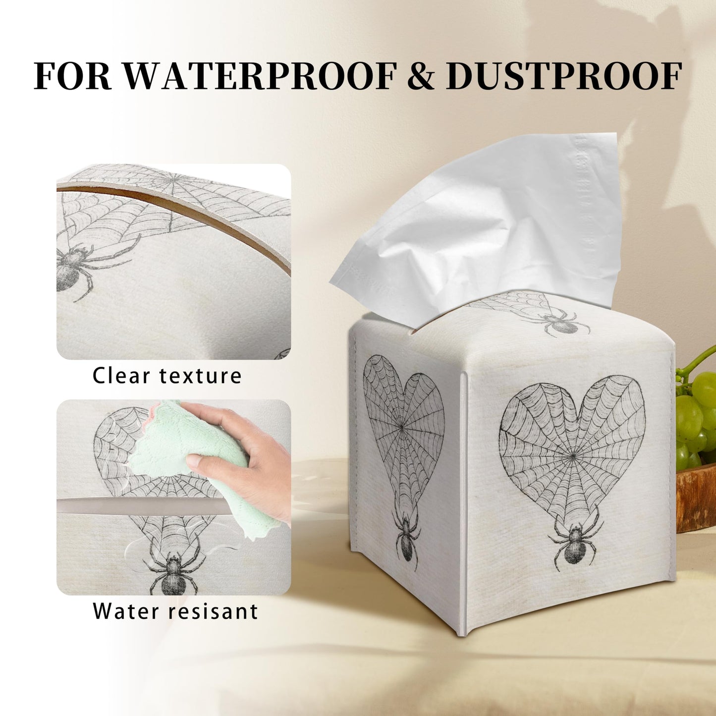 Grace Yonks Gothic Tissue Box Cover Square - Heart Web with Spider Design 5.2" PU Leather Holder for Vanity, Desk, or Bathroom Counter - Cube Case for Facial Tissues. (119)