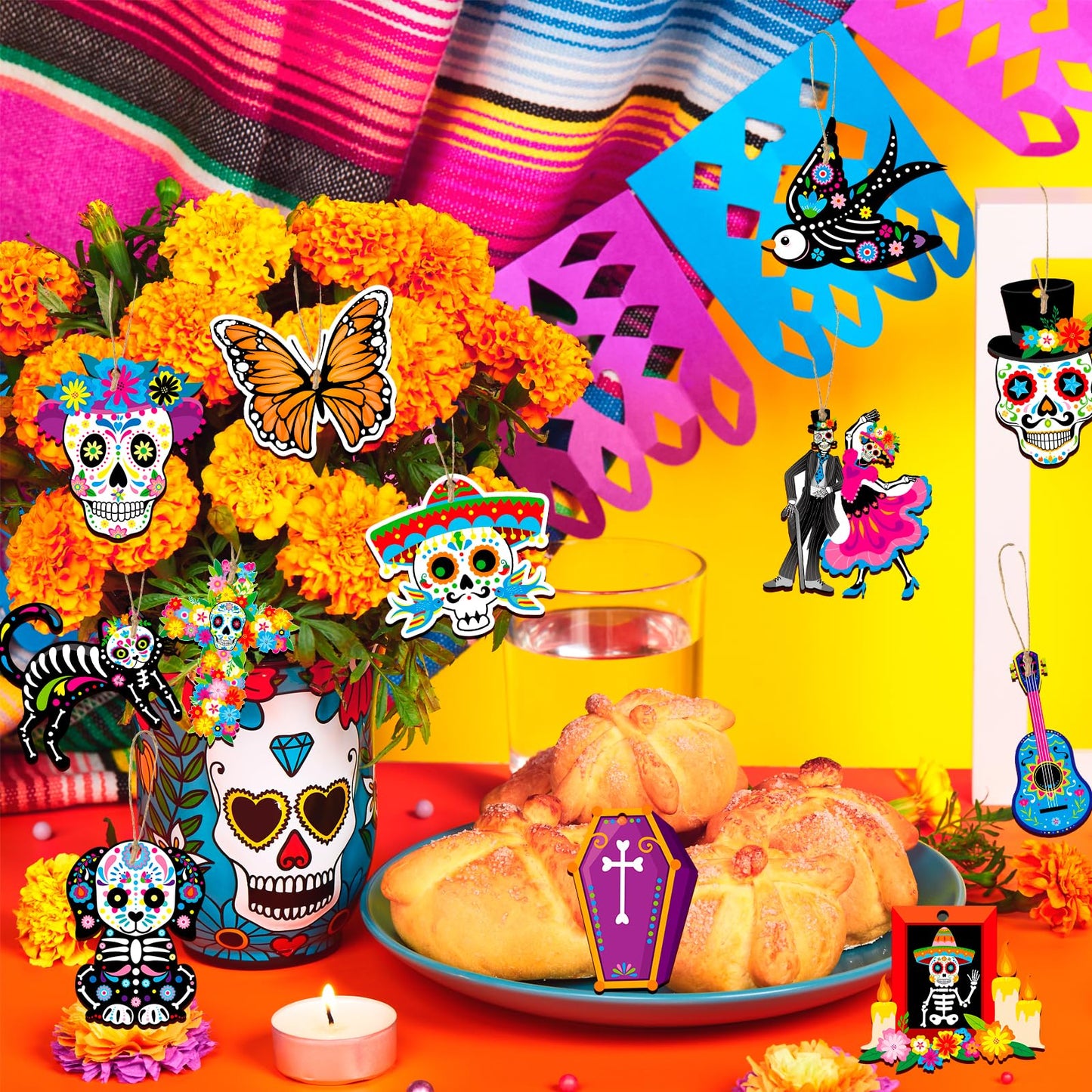 HOWAF 36pcs Day of The Dead Wood Ornaments, Dia De Los Muertos Decorations Hanging Wooden Sign for Mexican Dia de Los Muertos Altar Decor, Black Cats Sugar Skull Marigold Hanging Ornaments