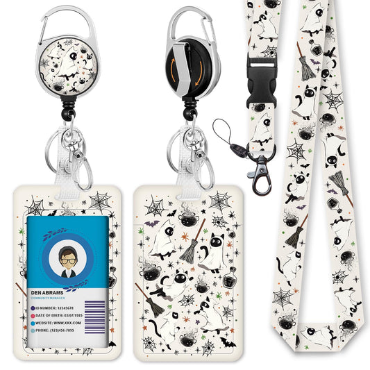 Giancomics Halloween Lanyards for Id Badges, Spooky Black Cat ID Badge Holder with Lanyard Badge Reel Retractable, Cute Bat Lanyard with ID Holder Keychain Clip Name Tag ID Card Holder Women Office