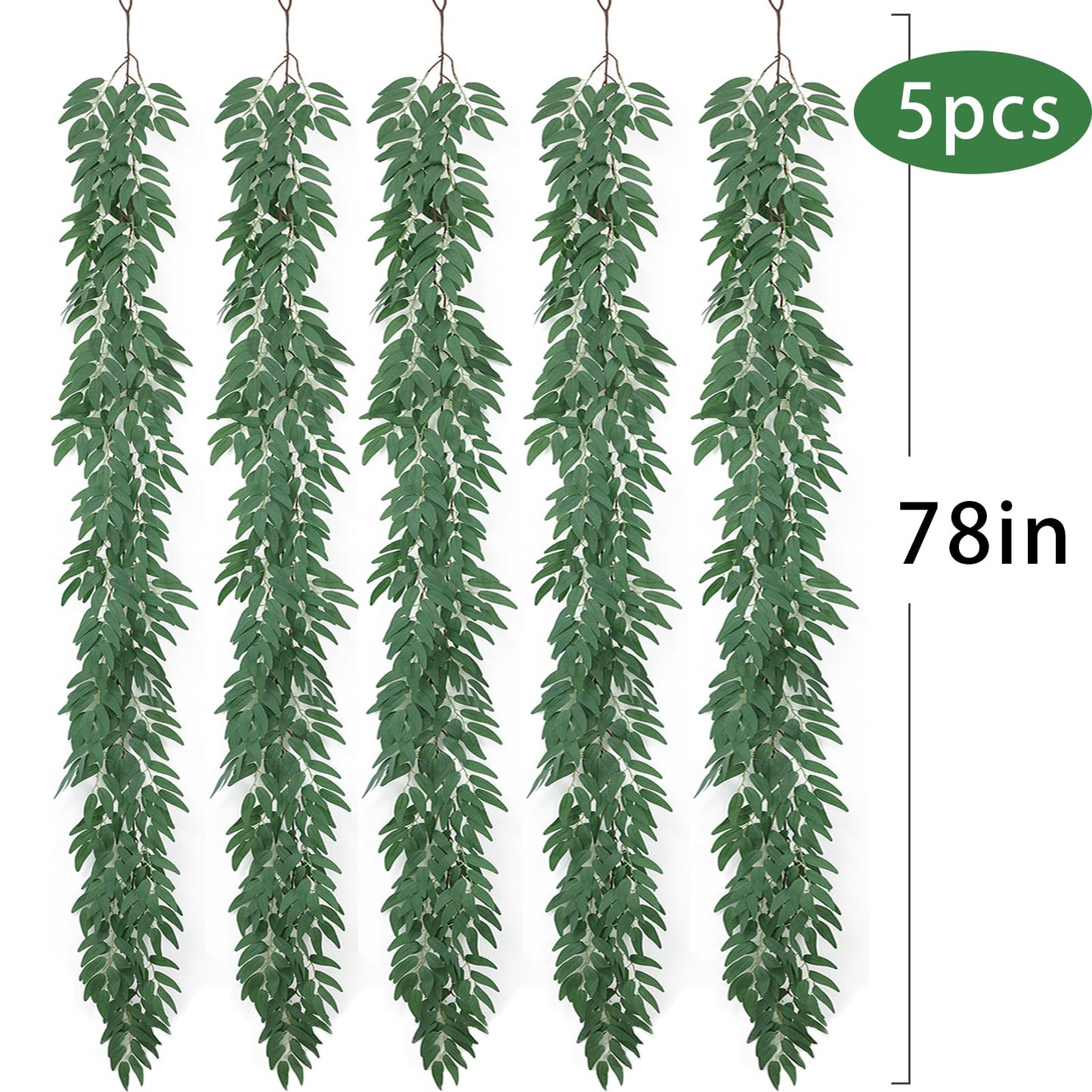 mizii 5 Packs 390" Artificial Vines Willows Garland Fake Vine Italian Ruscus Silk Green Leaves Faux Plants Greenery Decoration for Bedroom Room Wall Party Table Centerpieces Wedding Arch Decor