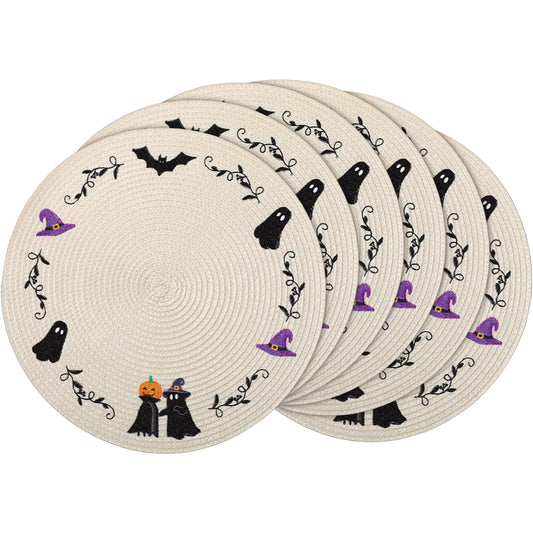 Remerry 6pcs Halloween Round Placemats Embroidered Pablemats Seasonal Autumn Holiday Table Mats Heat-Resistant for Halloween Party Home Kitchen Dining Restaurant Decoration Gift
