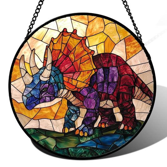 JOSUMALY Stained Glass Window Hanging - Triceratops Abstract Dinosaur Suncatcher for Door Terrace Garden Home Decor, Orange Red Sun Catcher Birthday Gifts for Lovers Women Men Dad Mom Nana 7.8 in