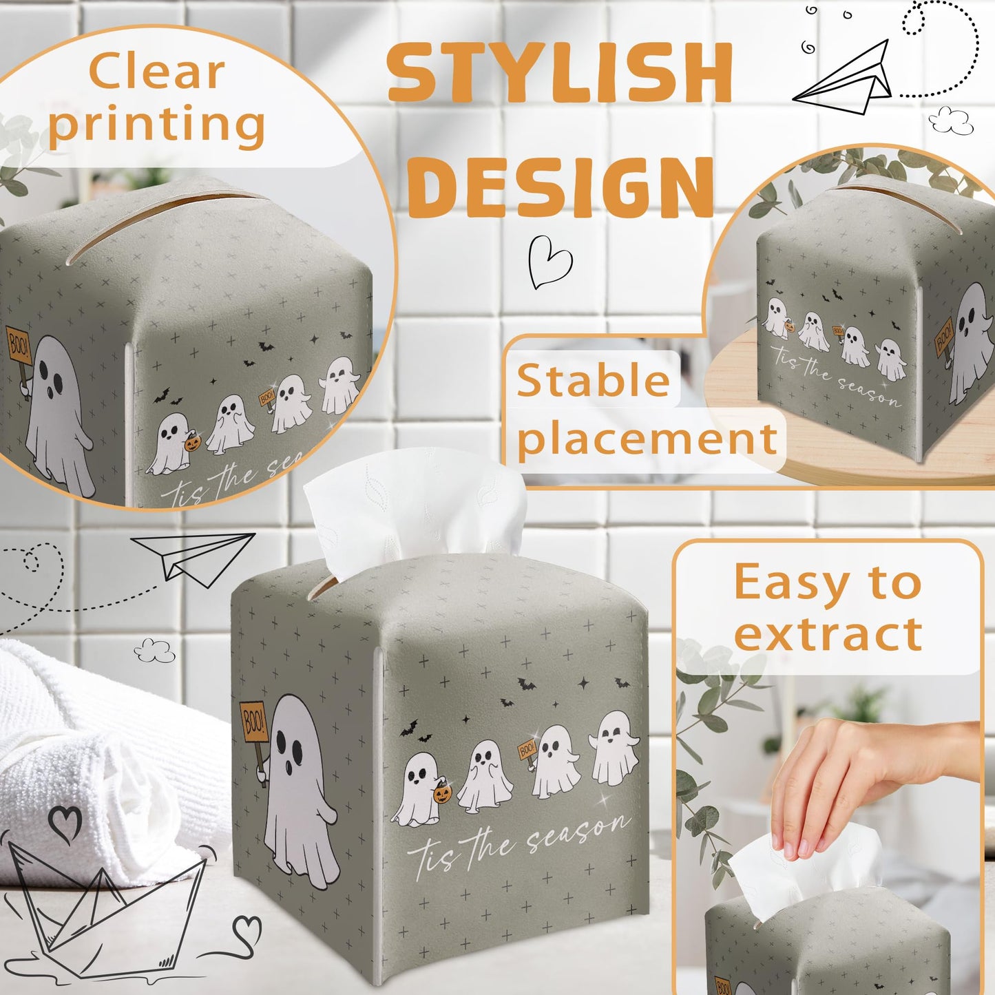 Halloween Tis The Season Tissue Box Holder, Cute Ghost Leather Tissue Box Cover Square, Cute Facial Paper Organizer Dispenser Toilet Paper Holder for Bathroom Kitchen Office Home Decor-A05