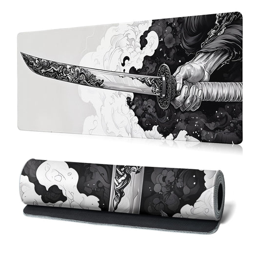 Katana Gaming Mouse Pad 31.5x11.8 Inch Large Black Long Extended Pads Big Mousepad Large Non-Slip Rubber Base Waterproof Big Keyboard Mat with Stitched Edges for PC Computer Laptop and Office