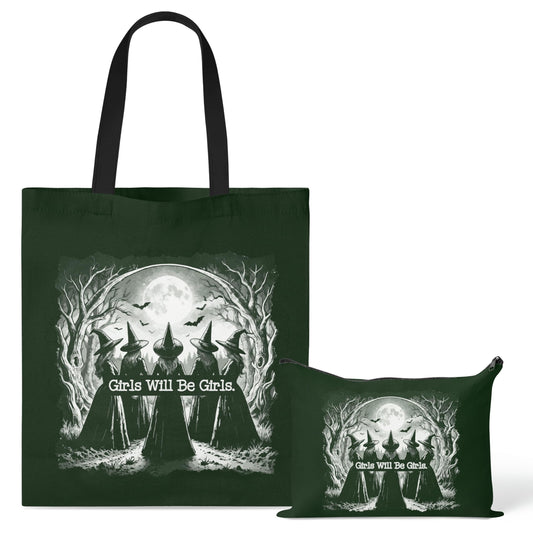 Laffact Aesthetic Witchy Canvas Bag for Women - 2Pcs Cute Girls Will Be Girls Quotes Canvas Tote Bag Makeup Pouch, Funny Black Magic Witch Reusable Grocery Shopping Handbag Gift for Halloween Birthday