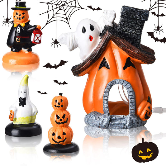 Blulu 4 Pieces Halloween Decorations for Fish Tank Miniature Figurines Indoor Outdoor Resin Ghost Pumpkin Bubble House Statue Set Halloween Ornament Garden Decor