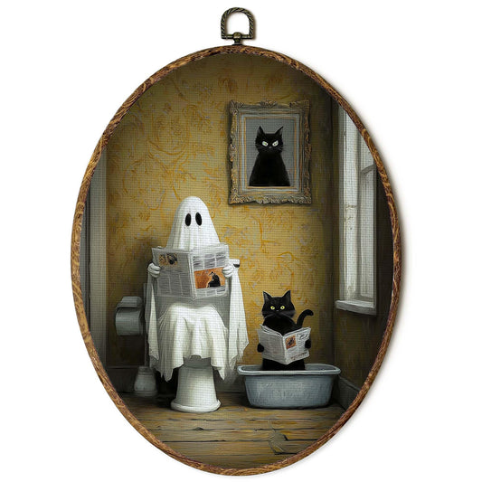 FSTCSV Funny Ghost Black Cat Bathroom Oval Wall Art Framed, Halloween Ghost Cat Canvas Prints Wall Hanging Art, Funny BlackCat in Litter Box Toilet Oval Walls Decor for Bathroom, 8.8x11.5in