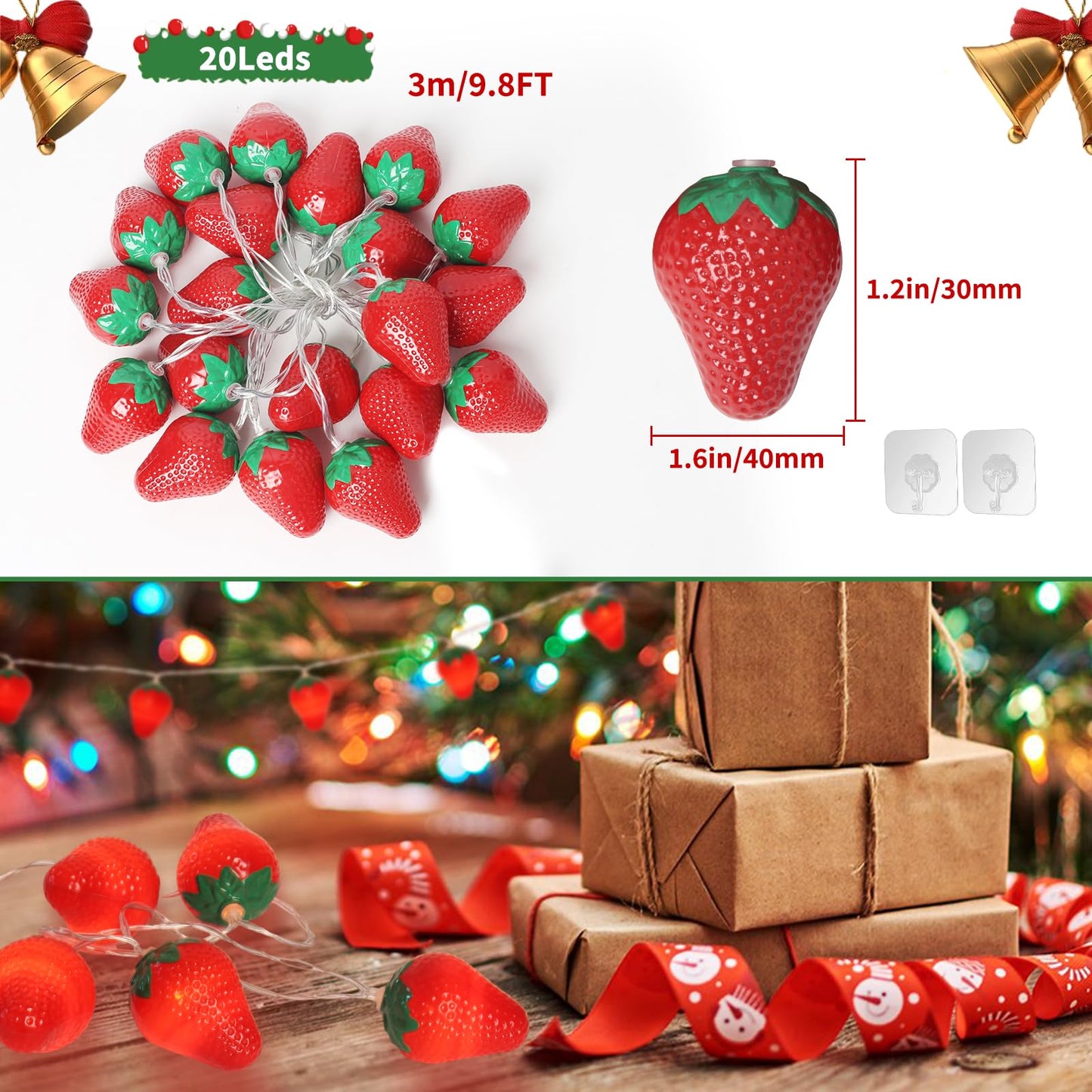 SDOUBLEM 3M 20LED Fruit Strawberry String Lights Battery Powered Indoor Outdoor Lighting Lamp for Wedding Home Birthday Garden Yard Patio Party Christmas Tree Cute Decorations