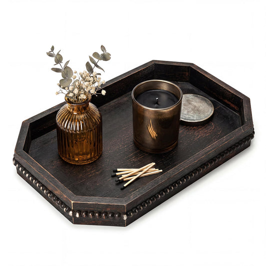 EOSAHR Rustic Decorative Tray with Beaded Edge for Room Decor - Retro Wooden Serving Tray for Coffee Table - Ideal for Makeup Vanity & Bedroom Display Room Decor Aesthetic(Distressed Black)