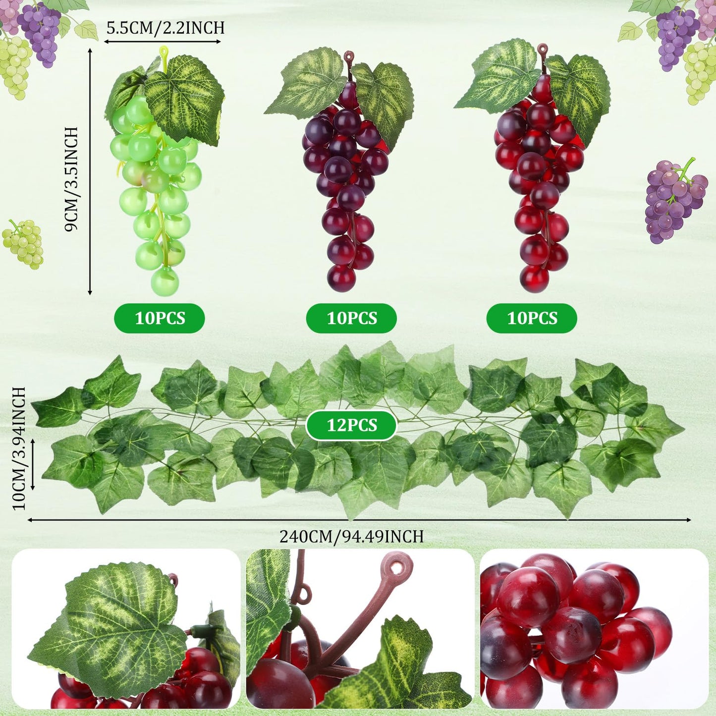 Wavyknot 30 Pack Artificial Fake Grapes with 12 Strands Faux Grape Vines Hanging Plant Leaves Realistic Fruits Decoration for Home Party Garland Wedding Outside Decor