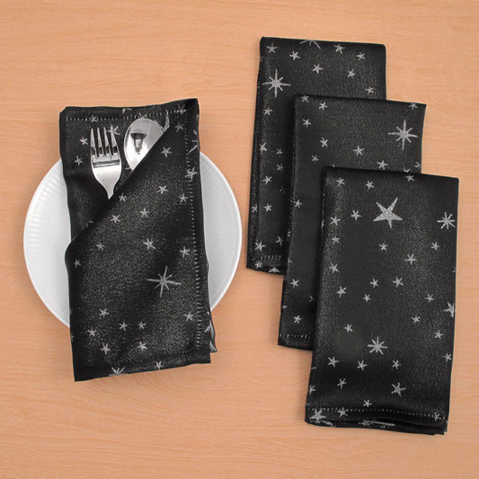 CAIT CHAPMAN HOME COLLECTION Shimmer Twinkling Stars Black Silver Metallic Woven 18"x18" Napkin (Napkin Set of 4)