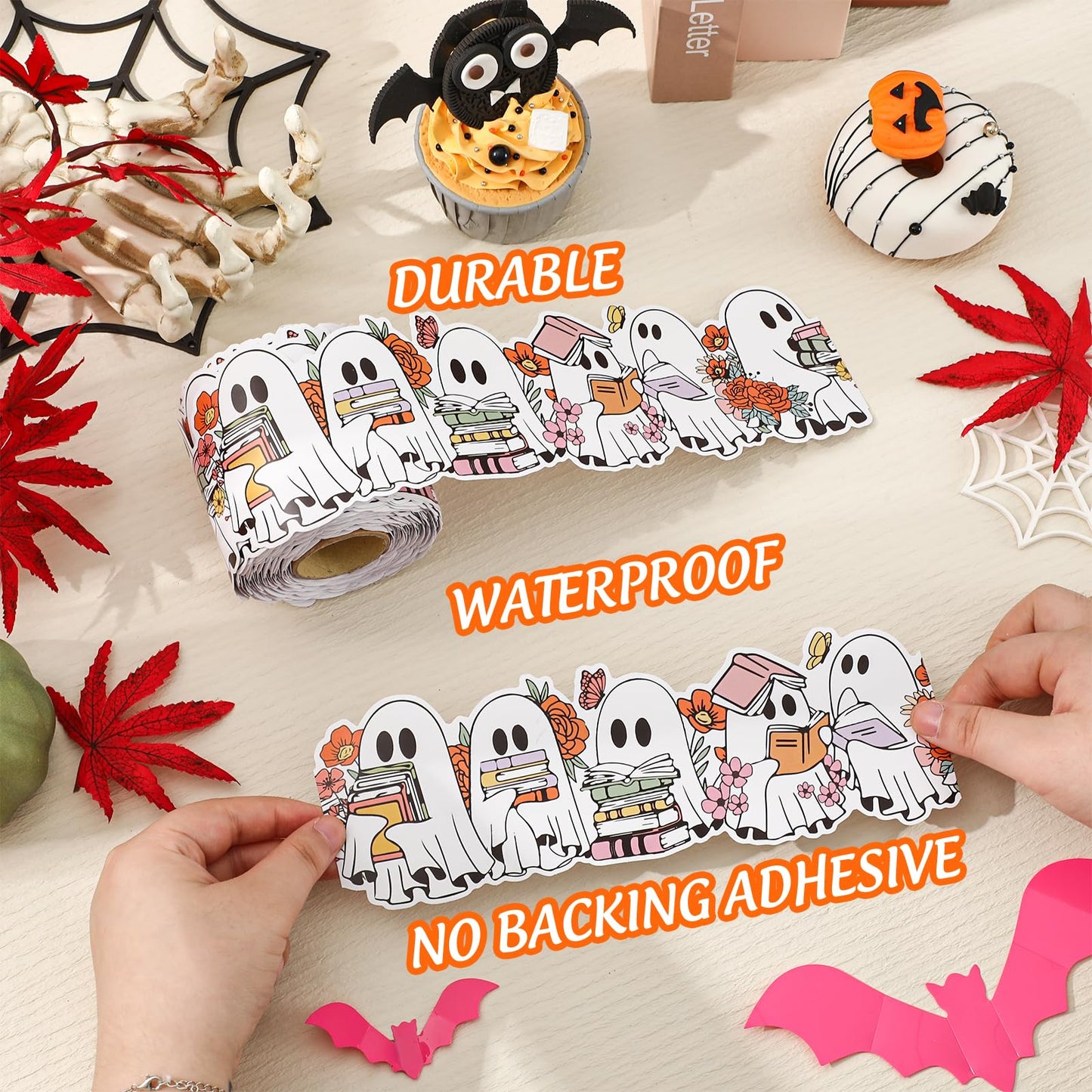Whaline 65 Ft Halloween Bulletin Board Border Boo Ghost Book Floral Die Cut Trim Border Roll for Home Party Classroom Chalkboard Window Decor