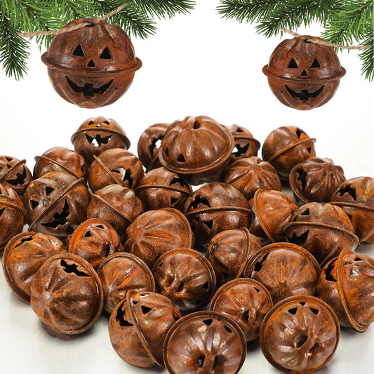 Otoolling 30 Pcs Halloween Pumpkin Rusted Jingle Bells Vintage Rustic Jack-o-Lantern Face Design Rusty Bells for Crafting Halloween Wreath Making Fall DIY Pet Collar Christmas Tree Decor (1.54 Inch)