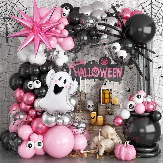 Halloween Balloon Arch Garland Kit, 129Pcs Black Spider White Eyes Bats Pink Metallic Silver Red Latex Balloons with Ghost Explosion Star Foil Balloons for Spooky Halloween Party Outdoor Decorations