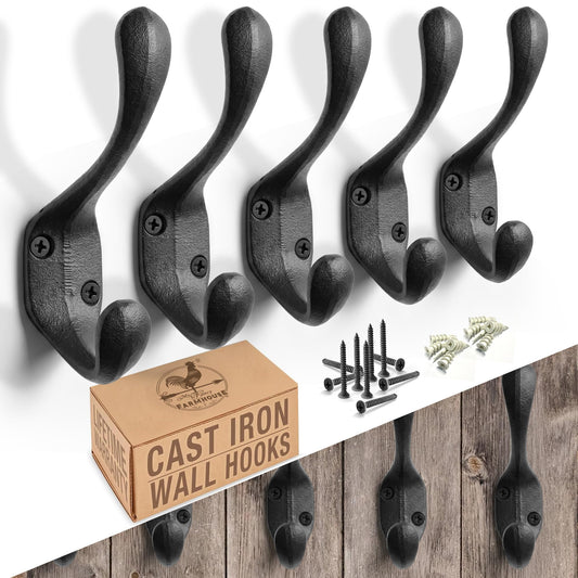 Rustic Cast Iron Coat Hooks (5 Pack) - Wall Mounted Farmhouse Decorative Vintage Hooks for Hanging Coats, Bags, Hats, Towels (Black, Large Spoon)