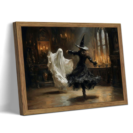 Framed Halloween Witch Wall Art - Witch Dancing with Ghost Canvas Print, Vintage Gothic Dark Academia Halloween Wall Decor for Bedroom Living Room, 12x16in Wood Frame