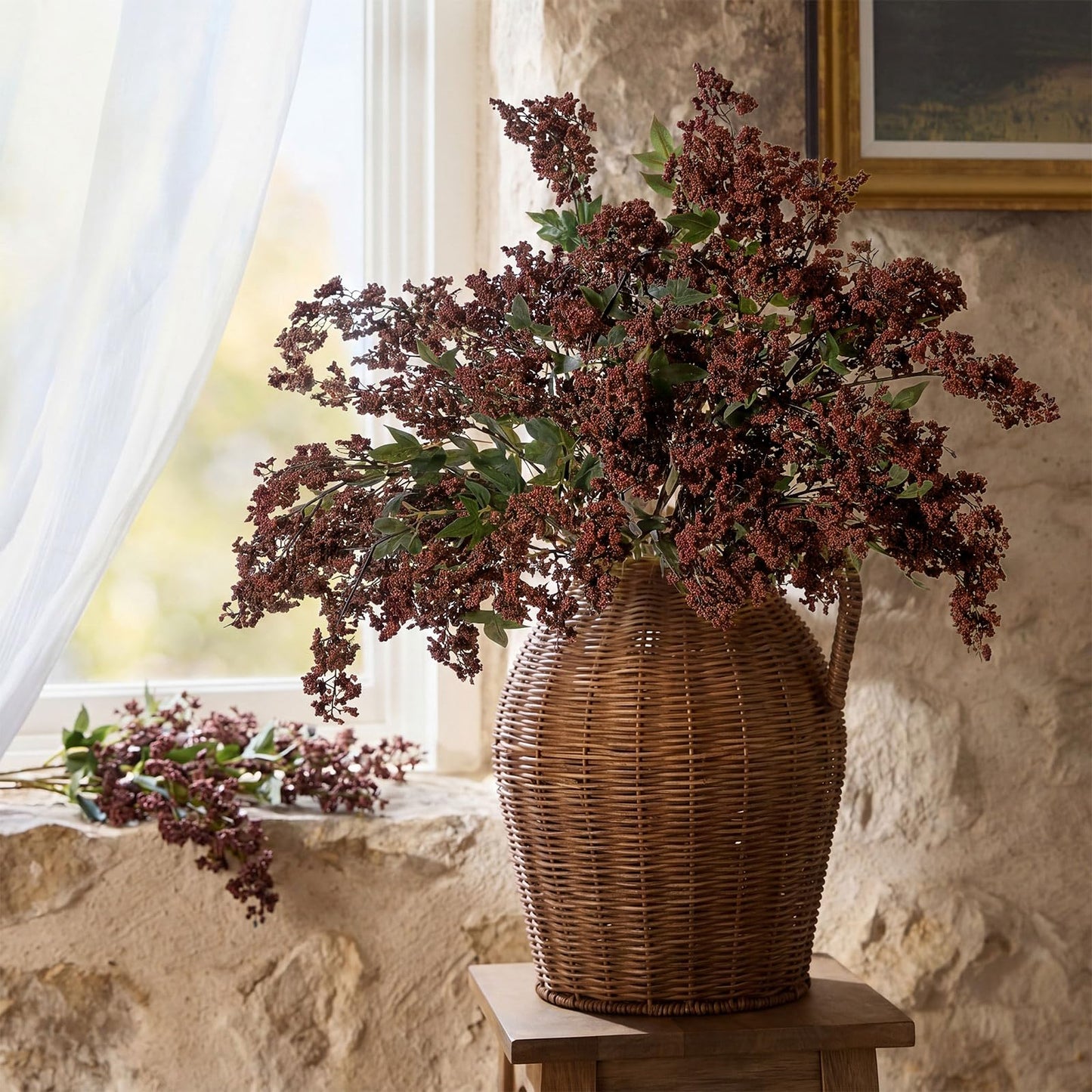 Suncalla 3 Pcs Brown Artificial Nandina Berry Stem for Vase, 47 Inch Dusty Plum Faux Berry Spray Fake Plant Branches with Stems Filler Farmhouse Fall for Home Decor Wedding Holiday Table Mantel Shelf