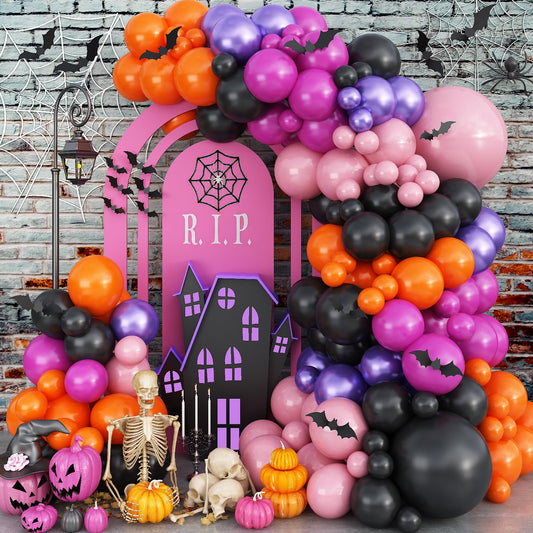 Froova Halloween Balloon Arch Kit, 123 Pcs Black Orange Pink Purple Balloon Garland with 3D Bat Stickers for Kids Halloween Baby Shower Wedding Spooky Birthday Party Decorations