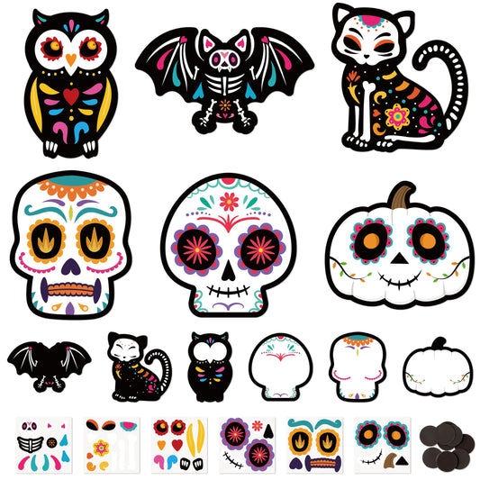 Haooryx DIY Day of The Dead Magnet Craft Kit - 30 Set Make Your Own Dia de Los Muertos Sugar Skull Decoration Sticker Craft Halloween Mexican Festival Party Supply Kid Art Project Bulletin Board Decor