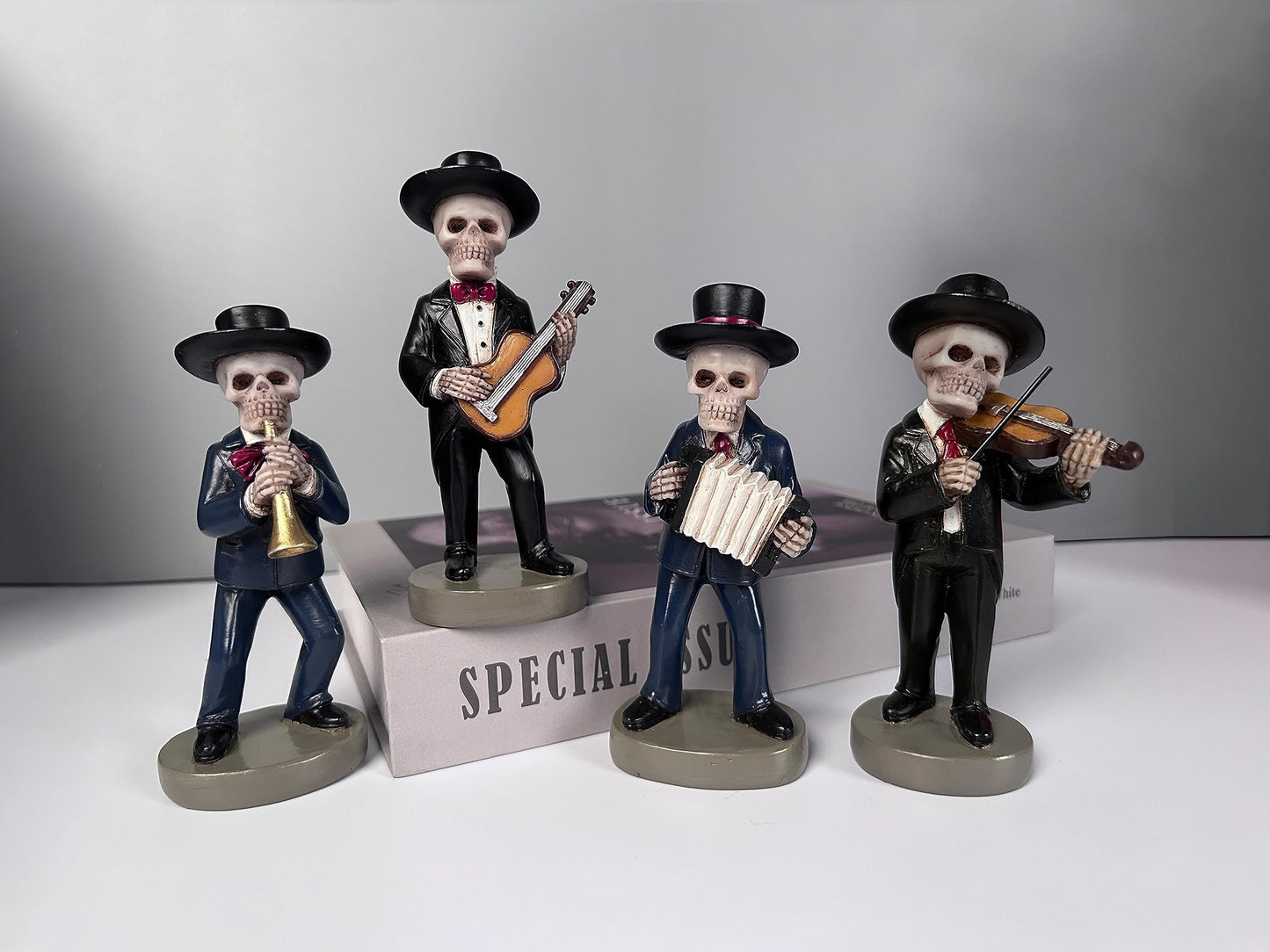 JORAE Skeletons Statue Mariachi Band Skull Halloween Figurines Home Decorative Set of 4 Day of The Dead Collectible Folk Musician Players, 5.5In