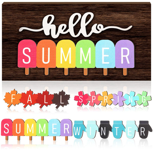 Roowest 5 Pcs Hello Summer Interchangeable Sign Seasonal Sign Fall Winter Spring Tiered Tray Decor 5.9 x 3 Inch Wooden 4 Seasons Farmhouse Table Centerpiece Decoration for Home Shelf Office(Vintage)