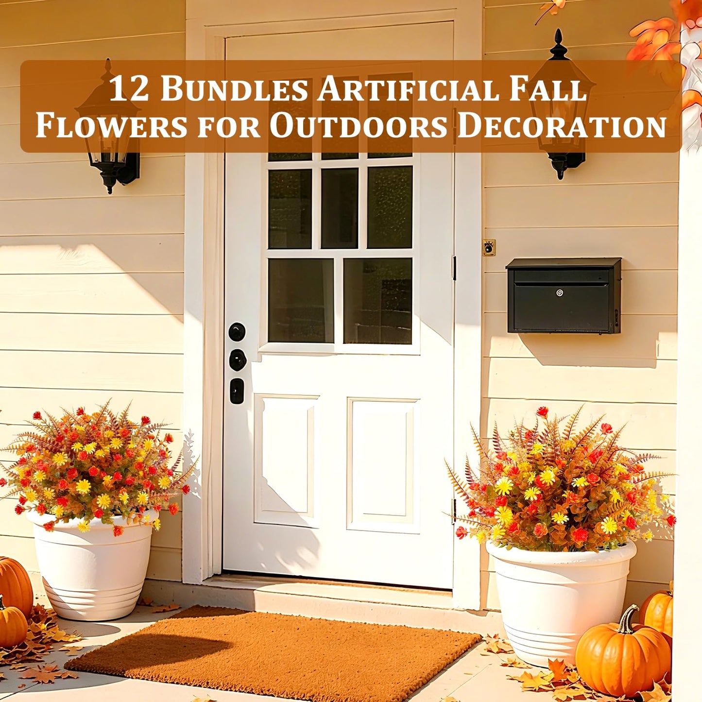 TURNMEON 12 Bundles Artificial Fall Flowers for Outdoors Fall Decorations, UV Resistant Fake Mums Faux Fall Plants Plastic Orange Boston Fern Eucalyptus Home Garden Porch Autumn Thanksgiving Decor