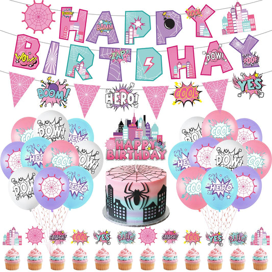 Hero Party Decoration Hero Happy Birthday Banner Pink Spidey Theme Pennant Flag Banner Cake Toppers Latex Balloons for Spider Girl Birthday Baby Shower Party Supplies