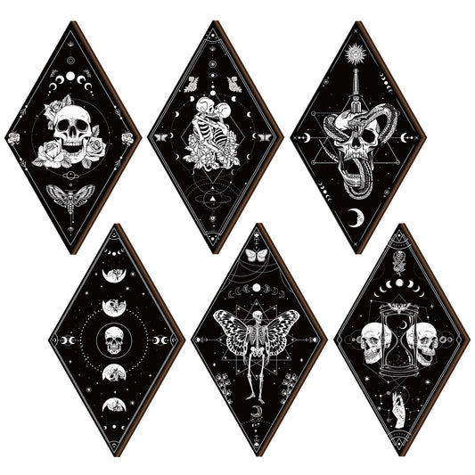 Huwena 6 Pack Gothic Wall Decor for Bedroom Living Room Dark Boho Skull Moon Snake Sun Phase Wooden Hanging Art
