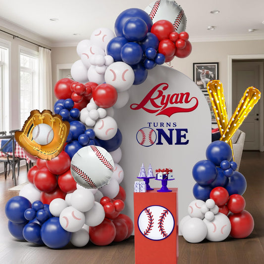 Baseball Balloon Arch Kit, Navy Blue Red White Balloon Garland with Baseball Print Baseball Bat and Glove Foil Balloons, for Rookie Year Baseball Birthday Party Decorations