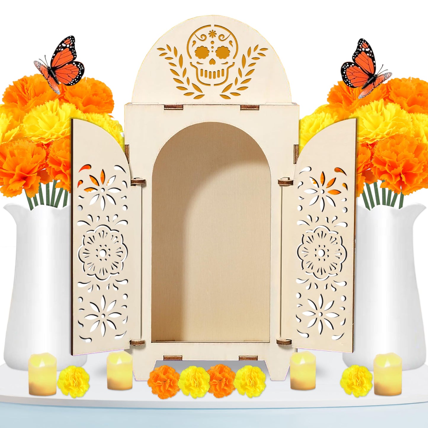 51Pcs Dia De Los Muertos Decorations Wooden Shadow Box Day of The Dead Ofrenda Altar Decor with Marigold Butterfly Candle Remembrance Supplies