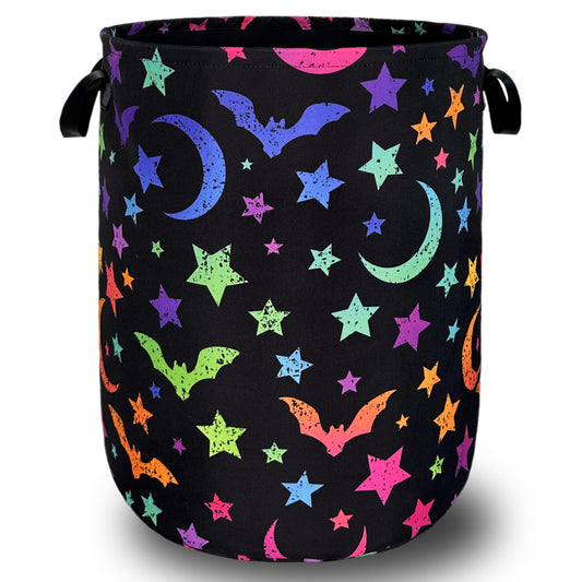 Colorful Bats Laundry Hamper Moon Stars Laundry Basket With Handles Foldable Oxford Cloth Goth Style Funny Tote Bag Clothes Toy Storage Bucket 18.9" x 16.5" For Bathroom/Laundry/Bedroom