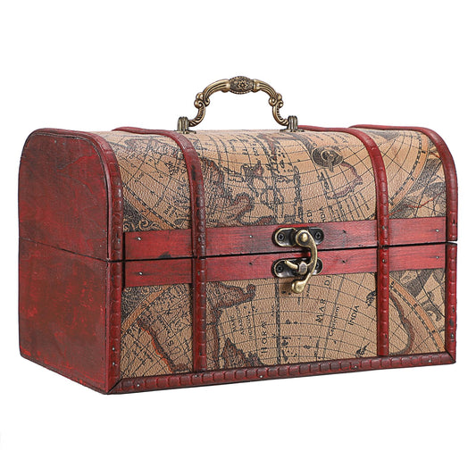 ELLDOO Vintage Treasure Chest Box, Pirate Keepsakes Box for Kids Gifts, Wooden Treasure Storage Box Map Pattern Decorative Box for Jewelry Pearl Trinkets, Large