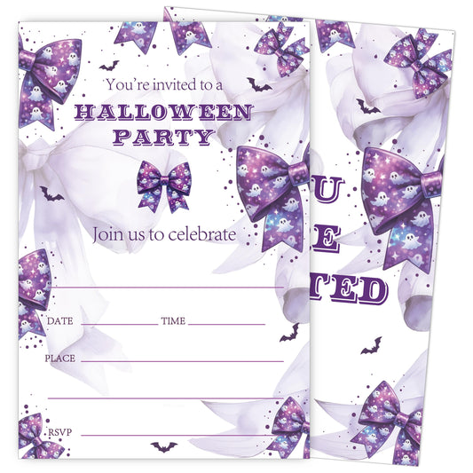 SIXEIGHT Purple Bow Halloween Party Invitations, Cute Ghost Halloween Invitations for Boys Girls, 25 Pack Purple Invite Cards with Envelopes, Wedding Birthday Baby Shower Party Decorations-E07