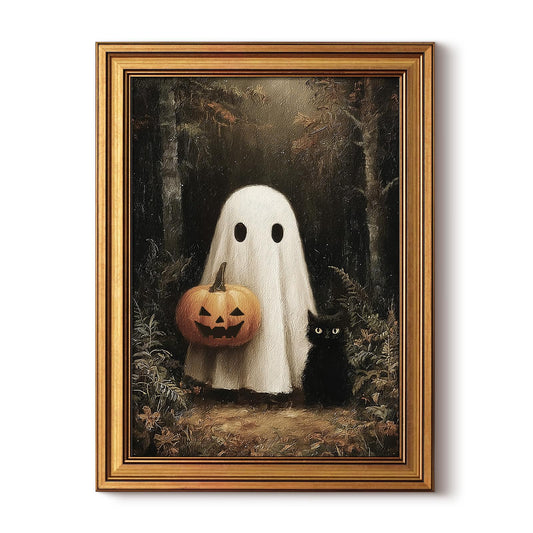WHASAYART Gold Framed Halloween Canvas Wall Art, Cute Ghost Holding Pumpkin Lantern with Black Cat in Forest, Vintage Spooky Autumn Wall Decor for Living Room Bedroom Entryway, 12x16 Inch