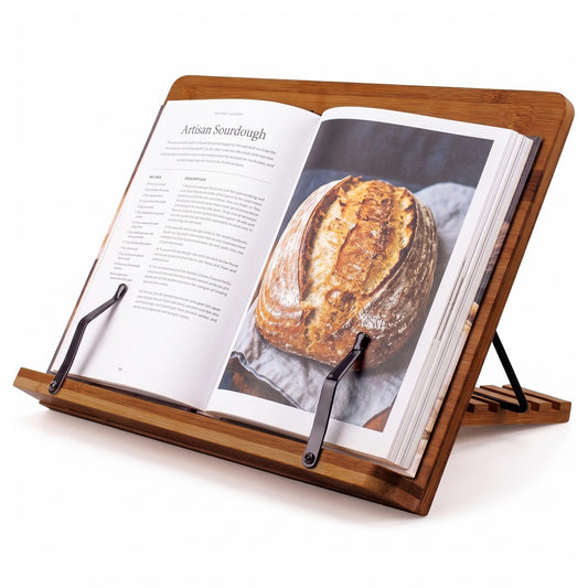 Bamboo Cookbook Stand Large, Adjustable Book Holder Tray and Page Paper Clips - Walnut Color Large - 4-Position Recipe Book Stand Holds Thick Books for Kitchen Counter, Reading, Studying - Foldable