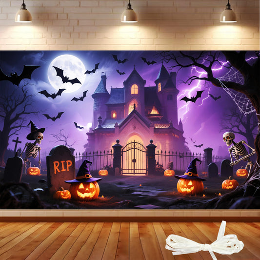 Halloween Backdrop 6x3.6ft Happy Halloween Backdrops for Photoshoot Jack O'Lantern Pumpkin Lantern Horror Moon Night Scary Cemetery Background with 19.68ft Rope for Adult Family Party Birthday Decor